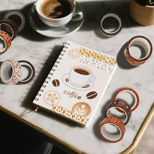 12 Rolls Coffee Washi Tape Set, Vintage Coffee Decorative Tapes, Retro Brown Watercolor Cafe Masking Tape for Journaling, Scrapbooking, Planner, DIY Arts Crafts Supplies, Gift Wrapping 16.4FT