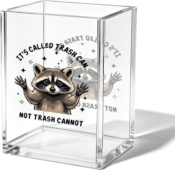 Funny Raccoon Office Acrylic Cosmetic Pen Pencil Holder Cup, Trash Can Not Trash Cannot Cute Pencil Organizer, Unique Desk Accessories, Motivational Gifts for Women Men Coworker（A31）