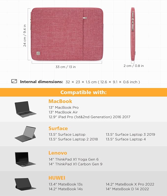 NIDOO 13.3 Inch Laptop Sleeve Case 14 inch Protective Notebook Bag for 13.5" Surface Laptop 6 5 4/14" MacBook Pro M3 M4 2024/13.3 ThinkPad X13 / 14" Yoga Slim 7i Pro Women, Red