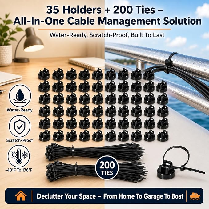 Magnetic Cable Zip Tie Mounts, 35 Pcs Magnet Bases with 200 Pcs Cable Ties, Multipurpose Wire Management Organizer for Desk PC Home Office, Adhesive-Free Cable Clips Holder