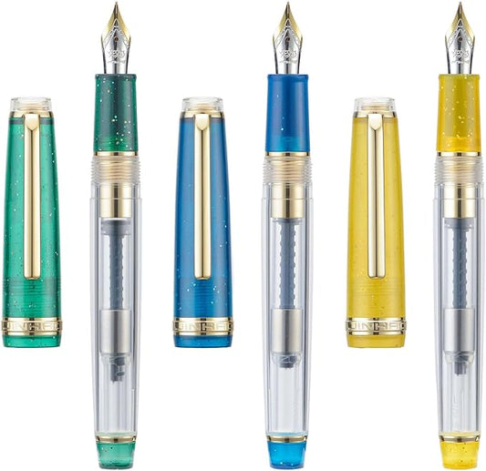Set of 3 Jinhao 82 Fountain Pens Transparent Starry Sky Color Acrylic Medium Point Gold Trim with Converter