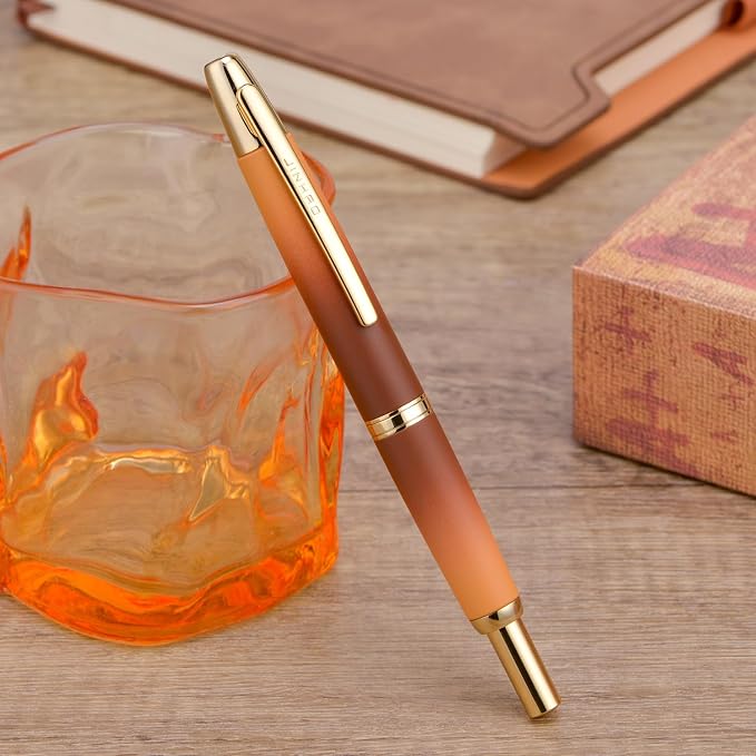 Jinhao 10 Press Fountain Pen with Box, Caramel Orange Gradient Retractable Fine Nib with Ink Converte Set (Golden Clip)