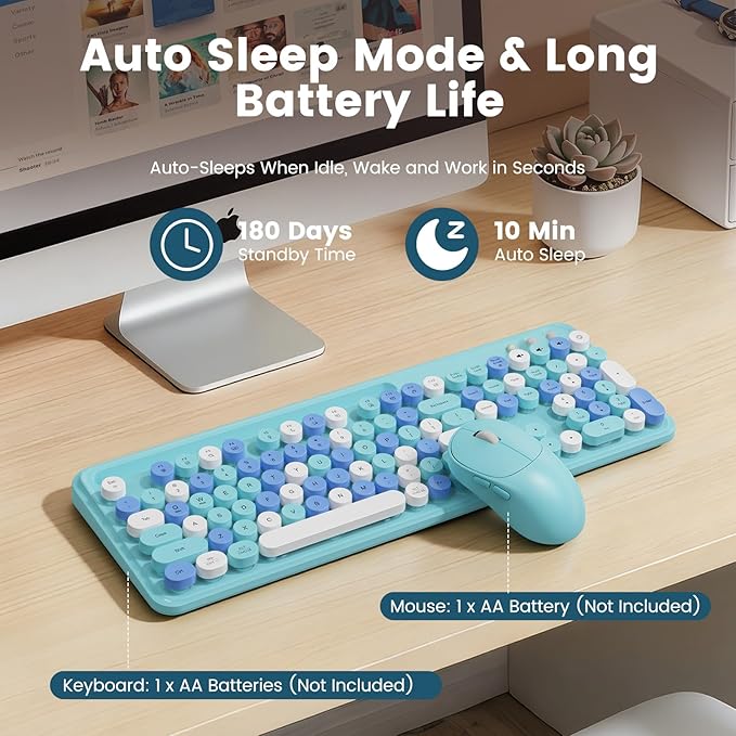 Wireless Keyboard and Mouse Combo, Retro Round Keycaps, Full-Size Stylish Typewriter Keyboard with Phone/Tablet Holder, Ergonomic Mouse with 3-Level DPI, 2.4GHz Connection for Windows/PC (Ice Blue)