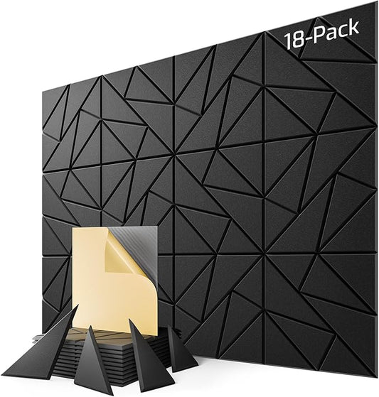 18-Pack Acoustic Panels,12"x12"x0.4" Soundproof Wall Panels, Peel & Stick Sound Proof Foam Panels for Walls, Geometric Noise Reduction Panels for Home Office,Studio (Black)