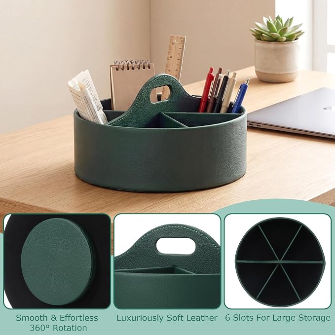360° Rotating Leather Desk Storage Organizer with 6 Slots and Handle Extra-large Pen Holder Spinning Pencil Storage Lazy Susan Organizer Office Desk Supplies Marker, Art Supply(Green)