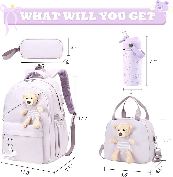 ACESAK Backpack for Girls with Insulated Water Bottle - 4 PCS Cute Girls Backpack with Lunch Box, Pencil Case & Kids Cup Set - 14oz Kids Water Bottle with Straw Set Back to School Supplies (Purple)