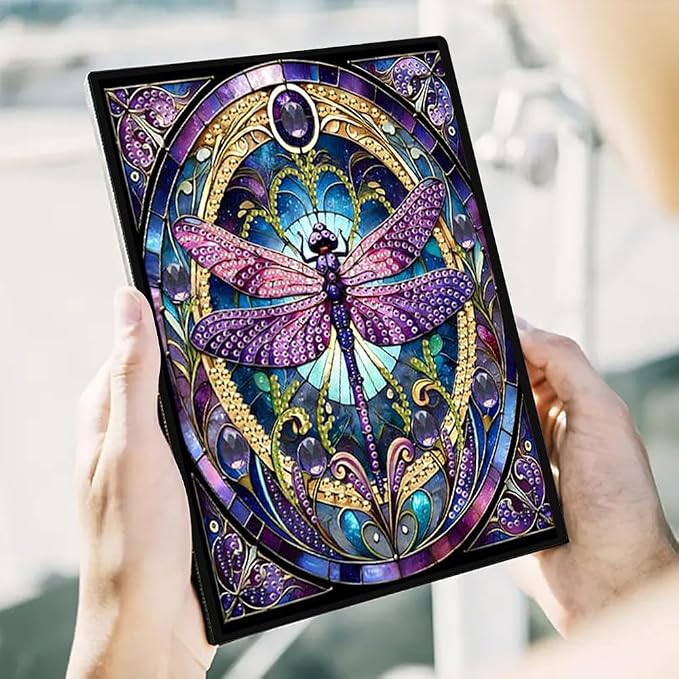 FRANDEK Pearl Painting Notebook Kit, Purple Dragonfly A5 DIY Journal with 50 Blank Pages, Diamond Gem Art Cover with Waterproof Canvas, Beginner Craft Set with Full Tools for Adults