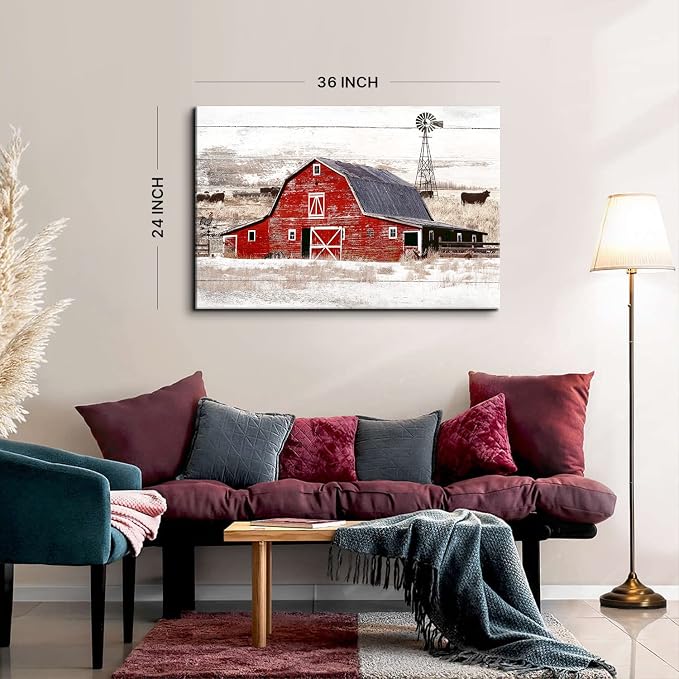 Country Old Barn Landscape Wall Art Farmhouse Windmill Wall Decor for Living Room Kitchen Office Vintage Highland Cow Poster Canvas Prints Rustic Meadow Scenery Painting Artwork Decorations 24x36”