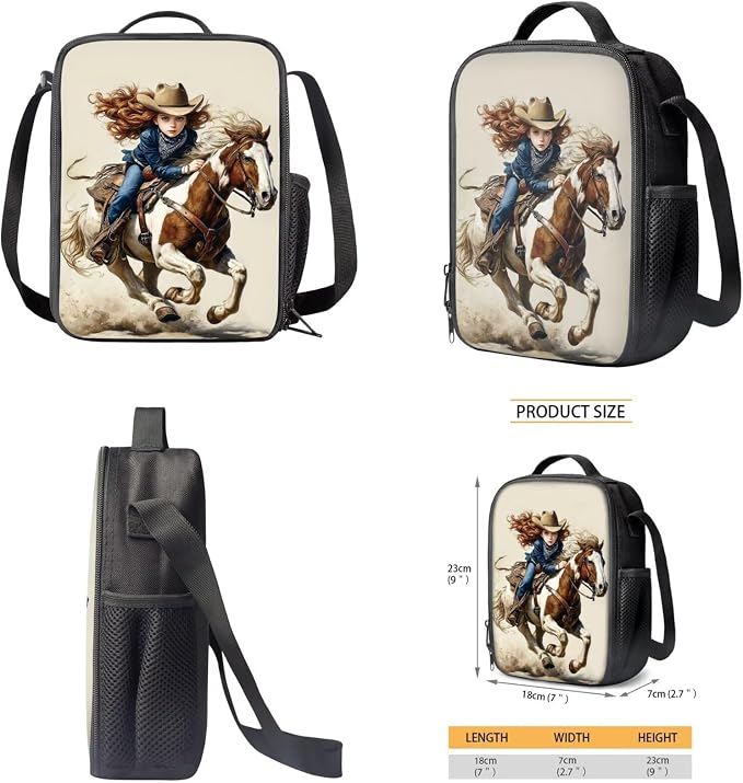 WELLFLYHOM Girls Western Cowgirl Backpack Set 6-8 Kids 4 Pcs Book Bag | Horse School Book Bag Lunch Box Pencil Case Water Bottle Sleeve Beige Elementary Daycare Bag for School Back to School Gift