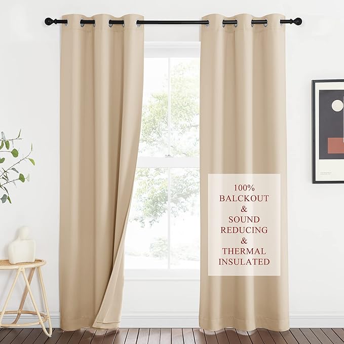 NICETOWN Living Room Noise Reducing Curtains, Privacy Protection & Completely Shaded Ring Top Drapes, Sound Preventing Insulated Window Treatment Curtain Panels(Biscotti Beige, 2 Pieces, W42 x L84)