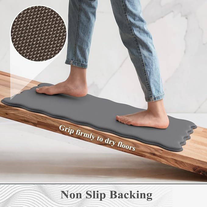 KIMODE Anti Fatigue Kitchen Mats for Kitchen Floor,Scalloped Kitchen Rugs Sets of 2 Non Slip,Cushioned Padded Memory Foam Kitchen Floor Mat Carpet for Office Laundry Sink,Grey