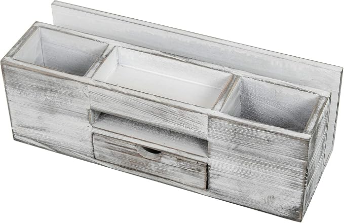 Liry Products Whitewashed Wooden Desktop Organizer Multiple Compartments Rack Shelf Drawer Tabletop Wood Storage Cabinet Office Supplies Caddy Document Stationery Holder Accessory Sorter Vanity Home