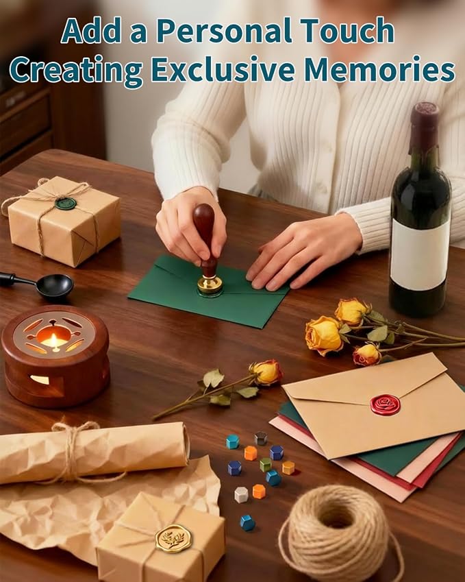 SHOWPIN Wax Seal Kit for Beginners: 400 Wax Beads in 20 Colors, 2 Stamp Heads & Premium Envelopes in Gift Box for Holiday Gifting & DIY Letter Sealing