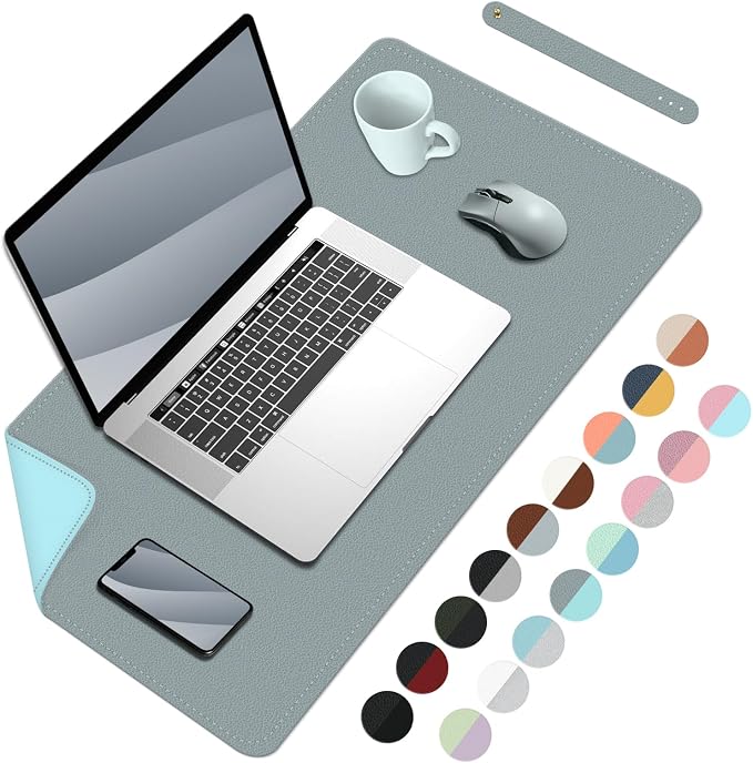 Bleswin Double-Sided Desk Mat, 23.6''×13.8'', PU Leather Mouse Pad, Waterproof Desk Pad, Laptop Leather Desk Mat, Protector for Keyboard and Mouse for Office and Home (Grey+Light Blue)