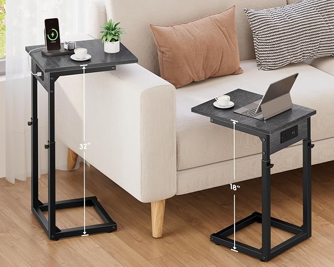 Vagusicc C Shaped End Table with Charging Station, 33" Tall Side Table for Couch, Adjustable Height C Table End Table, Couch Table Slide Under Sofa Table TV Tray Table for Living Room, Gray Walnut