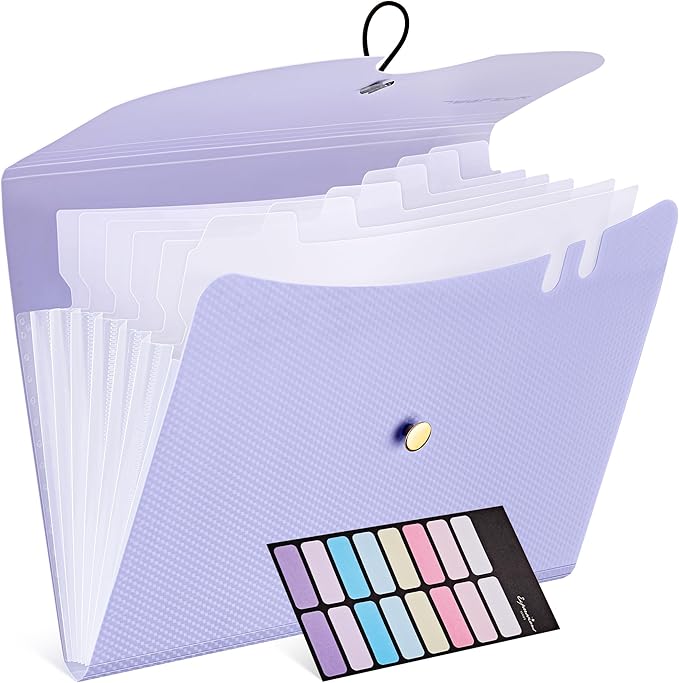 JARLINK 7 Pockets Expanding File Folder, A4 Size Accordion File Folders with 12 Labels, Cute Paper Organizer, Portable Document Organizer for Home College School Office Supplies, Macaron Purple