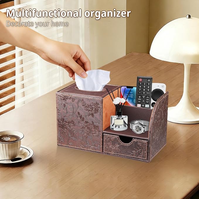 Nightstand Organizer with Tissue Holder,PU Leather Square Tissue Box Cover | Modern Facial Paper Organizer Storage Box for TV Remote Control,Bathroom,Vanity Countertop,End Table,Home and Office Decor