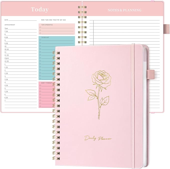 Oucaru Undated Daily Planner, 8.5"x11", A4 Size Spiral Notebook with Hourly Schedule, To Do List, Priorities, and Notes for Productivity - Easily Organize Your Tasks, Appointments & Goals for Women