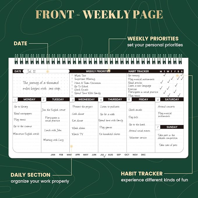 Weekly Planner 2026-2027 - 11.2" x 6.3", Dark Green Spiral Bound, Thick Paper for Smooth Writing, Portable Size for Students, Teachers & Office Workers, 55 Weeks