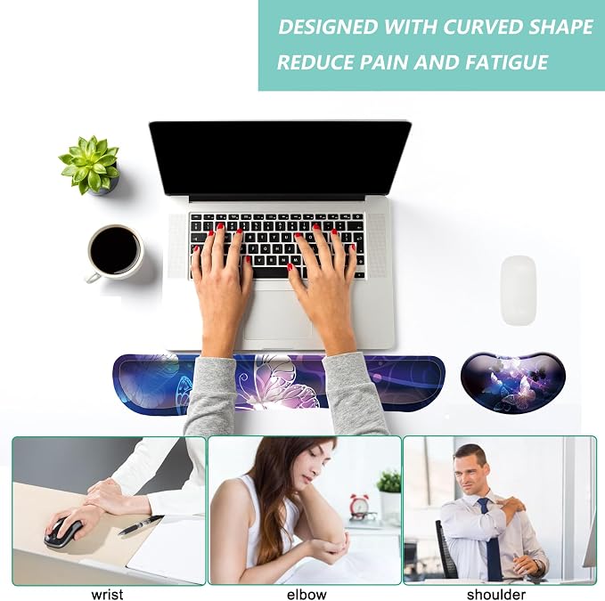 Keyboard Wrist Rest Mouse Wrist Support Set, Memory Foam Wrist Rest Pad for Computer Laptop Keyboard Mouse, Ergonomic Wrist Cushion Support for Typing Pain Relief, Gaming Home Office, Butterfly