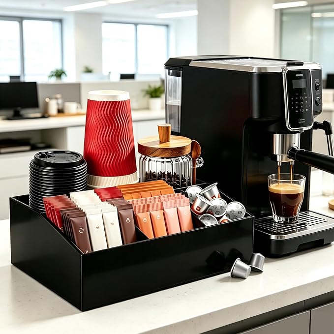 Coffee Bar Accessories, Acrylic Coffee Station Organizer Storage Box | Black Coffee Station Accessories with Removable Dividers for Pod Condiment Syrup Cup Stirrer Tea Bag, Farmhouse Table Decor