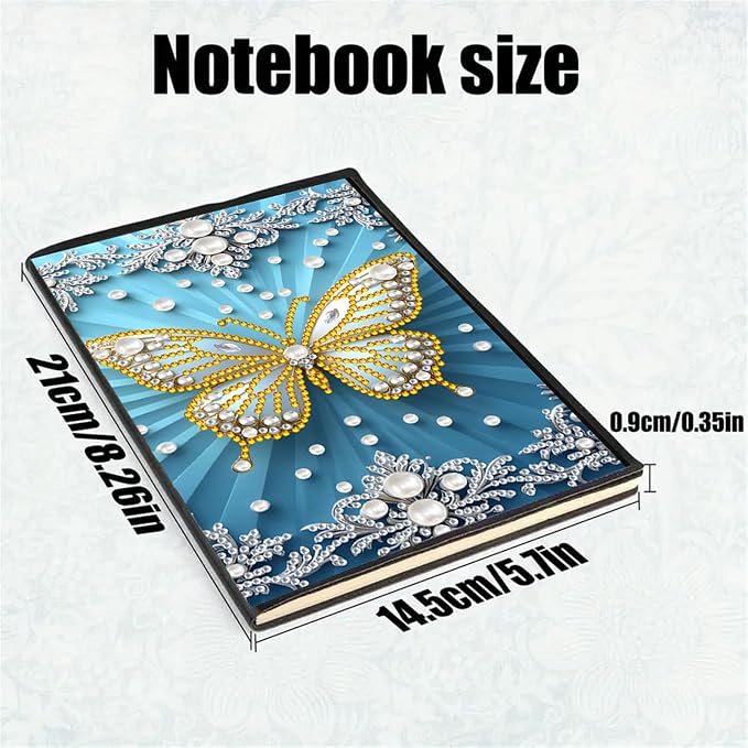 FRANDEK Diamond Art Painting Notebook Kit, White Butterfly A5 DIY Journal with 50 Blank Pages, Crystal Rhinestone Cover with Waterproof Canvas, Beginner Craft Set with Full Tools for Adults