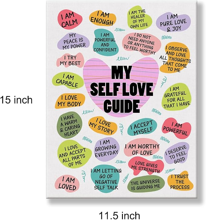 Inspirational Self Love Poster Canvas Wall Art for Home Decor - Positive Daily Affirmations My Self Love Guide Canvas Print Wall Art Painting Ready to Hang Gifts - Easel & Hanging Hook 12x15 Inch