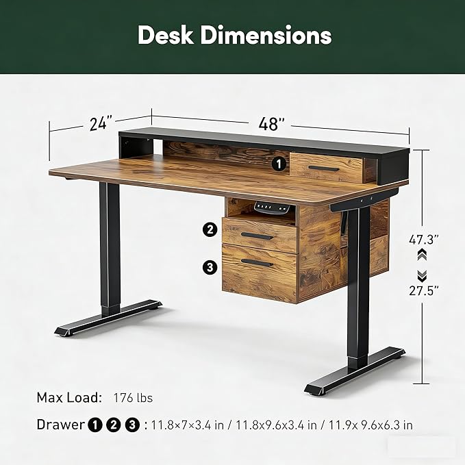 CubiCubi Standing Desk with Wood Drawers, 48" x 24" Electric Height Adjustable Table with Monitor Shelf, 3 Drawers and Open Storage, Computer Home Office Sit and Stand up Workstation, Rustic Brown