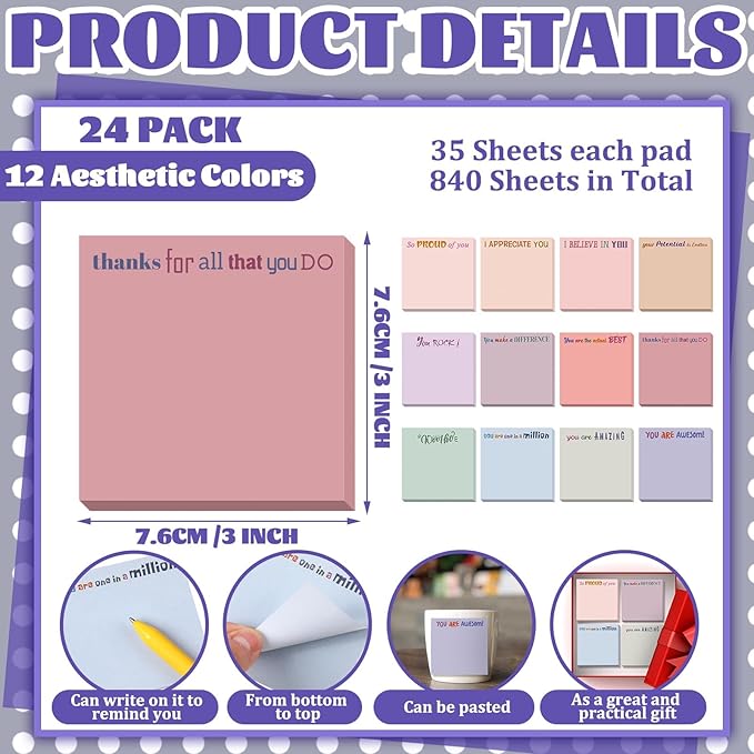 Yinder 24 Pcs Inspirational Sticky Notes Thank You Gift Motivational Sticky Note Pad Employee Appreciation Gift Bulk for Staff Coworker Teacher Nurse Office Groups 3 x 3'' (Thank You,Aesthetics)