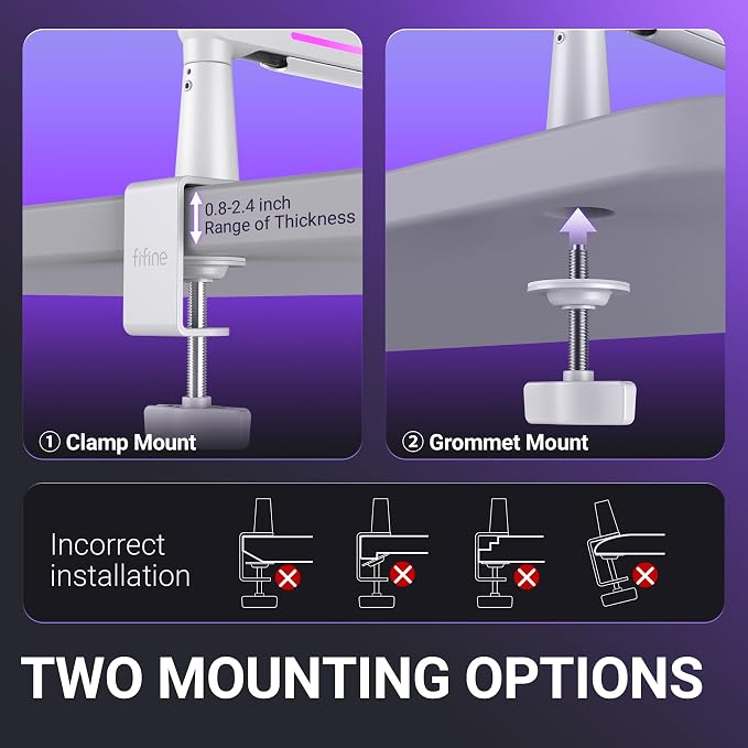 FIFINE RGB Microphone Boom Arm, Low Profile Rotatable Desk Mount Microphone Stand with Cable Management for Podcast, Streaming, Gaming, Studio-BM88ProW