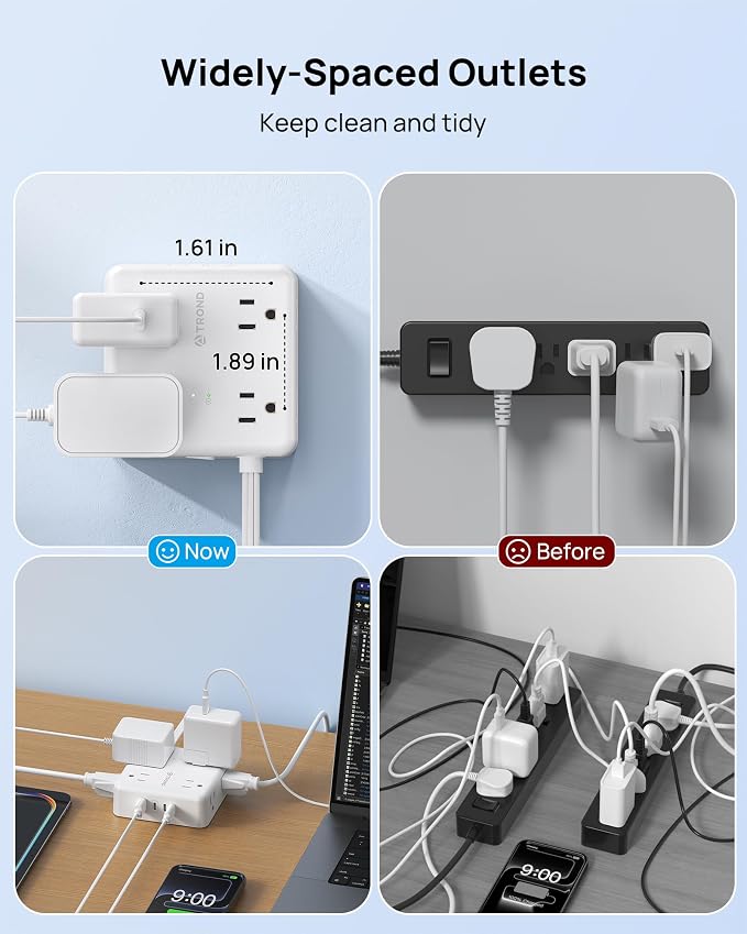 TROND Surge Protector Power Strip, 10FT Flat Plug Extension Cord with 8 Outlets & 4 USB Ports (3 USB C), 1625W, Wall Mount Outlet Extender for Home Office Dorm Room Essentials, White