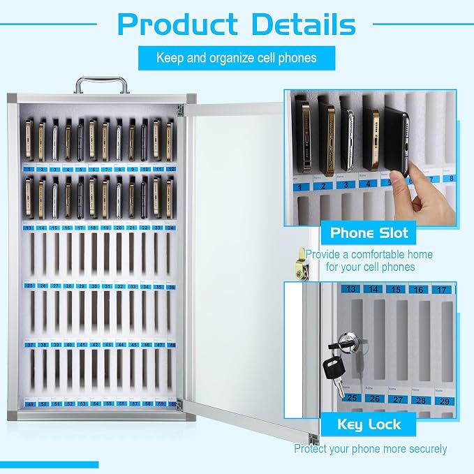 Amylove Cell Phone Locker Cabinet Aluminum Alloy Pocket Chart Storage Locker Box Cabinet Wall-Mounted Cell Phones Storage Box with Handle for Office Classroom Gym(White,60 Slots)