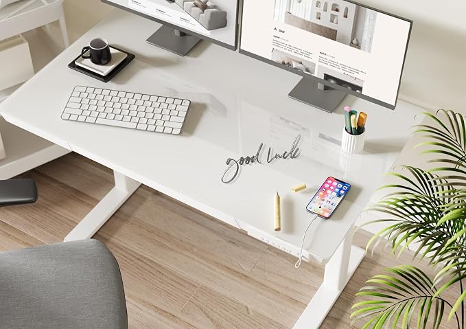 Claiks Glass Standing Desk with Drawers & USB Ports 48x24 Inch, White | 3 Steps Quick Install, 2 Zones Drawer, USB Ports, Ultra White One-Piece Glass Top, Writable Top