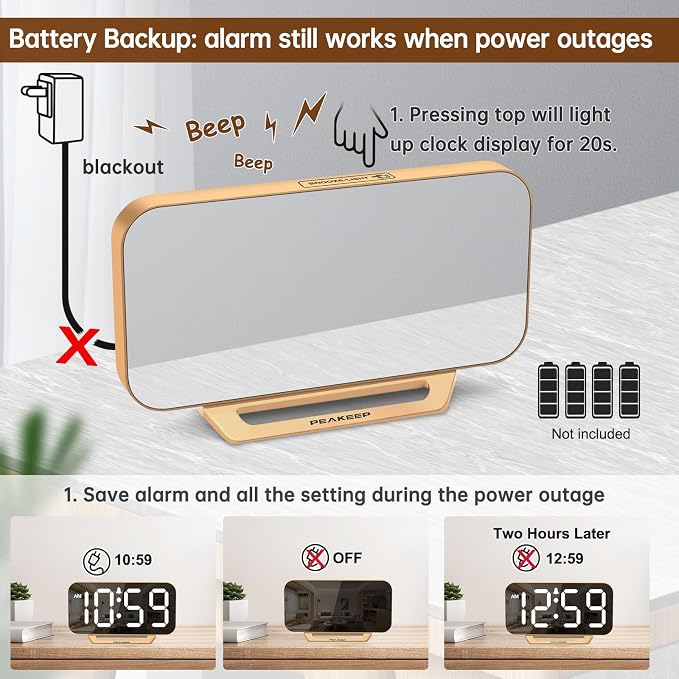 Peakeep Slim Digital Mirror Aesthetic Alarm Clock for Bedrooms Desk Decor | Plug in Electric Big LED Modern Small Clock for Office Living Room, Battery Backup, 6 Dimmers (Gold)