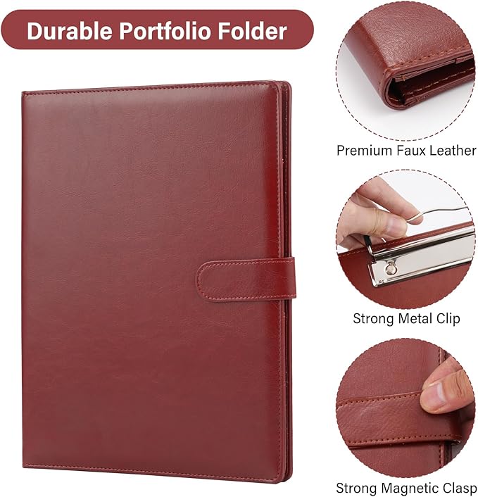 Professional Padfolio, Multi Function Faux Leather Portfolio Binder with Clipboard - Interview Resume Folder, Legal Document, Business Card Holder, for Office, Conference, Interviews (Brown)