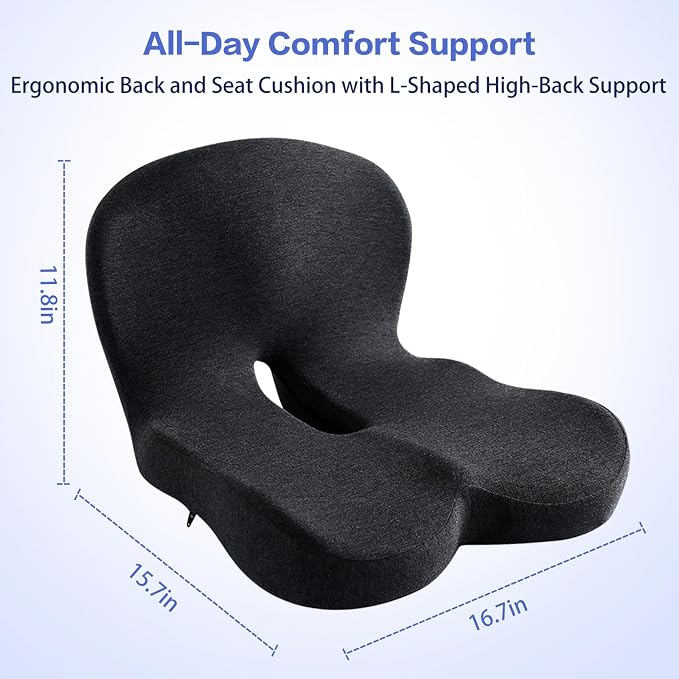 Back and Seat Cushion for Office Chair, Black | Wide ergonomic memory foam, coccyx cutout & adjustable straps, tailbone & back relief, non-slip for car, home & gaming