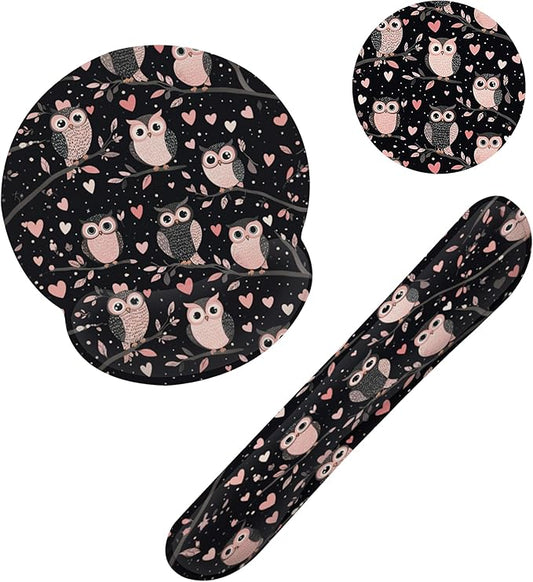 Cute Owl Pink Heart Keyboard Wrist Rest Pad Mouse Pad Set,Ergonomic Mousepad Wrist Support Memory Foam Desk Pad for Gaming Office,Non-Slip Rubber Base Easy Typing for Home Office Computers