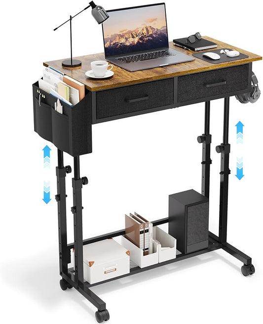 Small Rolling Standing Desk, Height Adjustable Mobile Sturdy Desk with 2 Fabric Drawers & Storage Shelf, Portable Sofa Side Laptop Table for Home Office, Small Spaces, 31.41"" x 15.74"", Rustic Brown