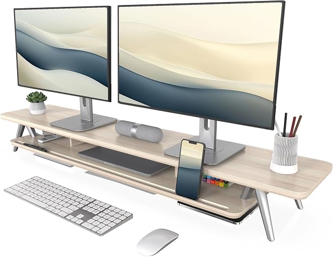 Fenge Dual Monitor Stand Riser, Wooden Desk Shelf with 2-Tier Storage | 47.3-Inch Extra Wide, Sturdy Aluminum Legs, Built-In Phone & Tablet Slot, Desktop Organizer for Office Accessories