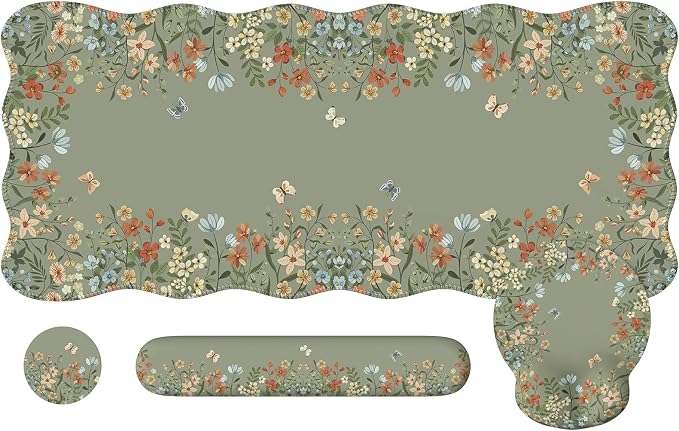 iCasso Desk Mat Set,Large Mouse Pad with Wrist Rest, Back to School Ergonomic Keyboard Wrist Support for Women, Floral Computer Mat with Scalloped Edges,Non-Slip Desk Pad Home Office Gaming (Green)