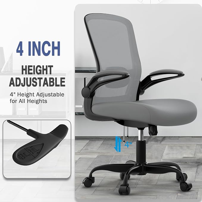 Mimoglad Ergonomic Office Chair - Desk Chair with Flip-up Armrests & 135° Recline, Adjustable Lumbar Support - Space-Saving Task Chair for Business/Team Office & Home | Supports 300 lbs · Seat 19.48"–23.4" · Breathable mesh · 20–30 min assembly · 5-yea...