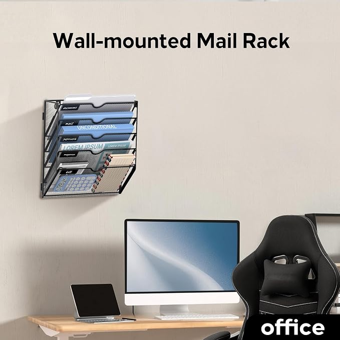 5 Tier Wall Hanging File Organizer, Paper Folder Holder Wall Mounted, Metal Mail Sorter for Office Home School, Black