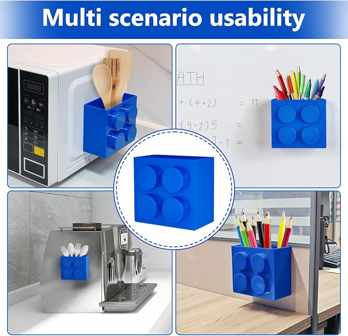 Magnetic Basket Organizer for Fridge - Lego-Style ABS Plastic Storage Box,No Drill Design for Kitchen Counter, Microwave & Whiteboard, Holds Up to 3.5 lbs (Blue)