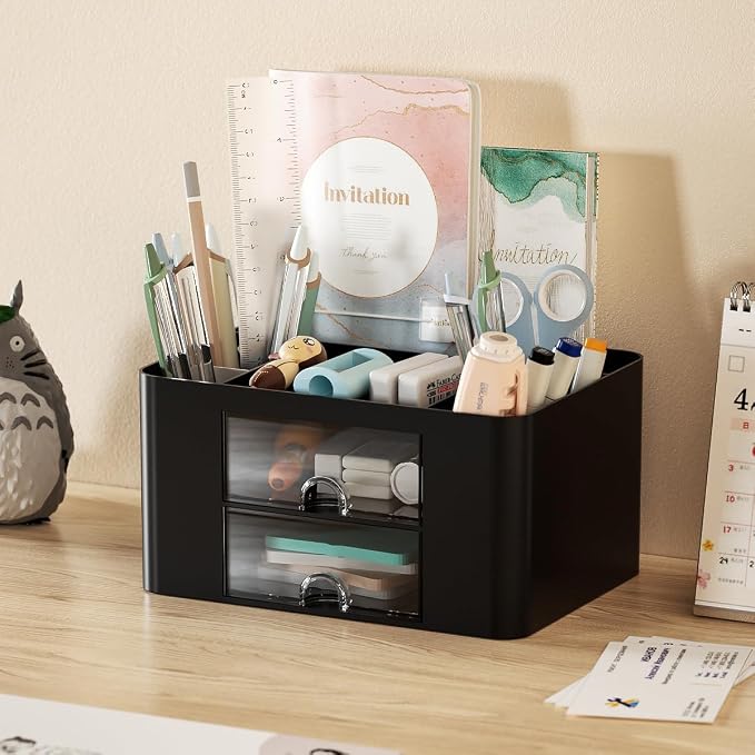 Stationary Organiser 7-Grid Desk Organizer with Drawer – Multifunctional Plastic Table Organizer & Pen Holder for School, Office, and Home (Black)