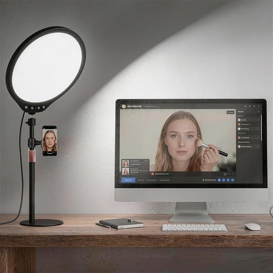 10W 12" Ring Light with Desk Stand & Phone Holder, Dimmable 360° Rotatable LED Full Screen Computer Lamp for Zoom Meetings, Streaming, Gaming, TikTok,YouTube,Videos with Night Light Mode