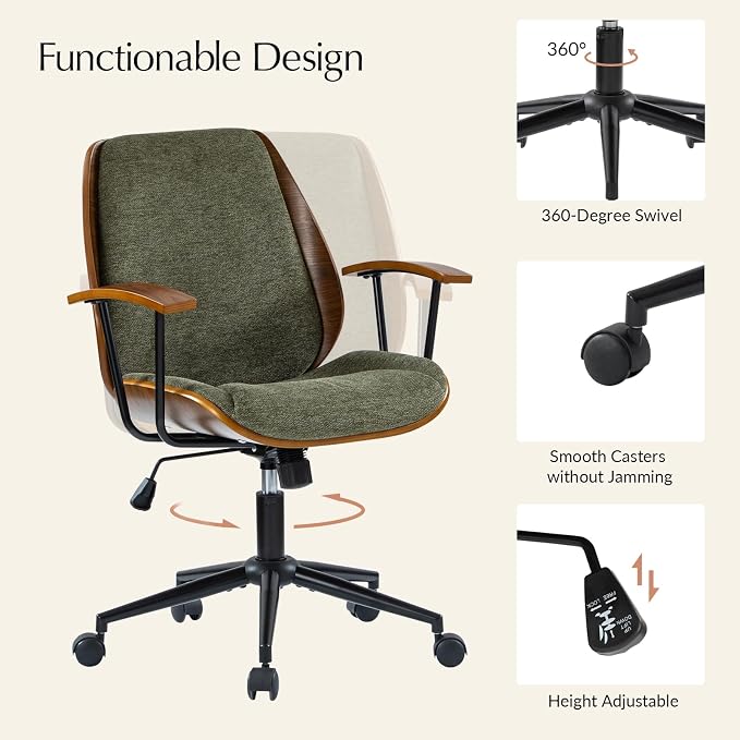 HULALA HOME Solid Wood Office Chair with Tilt Function & Metal Base, Green | Mid Century Modern Desk Chair with Bent Wood Frame, 360° Swivel Fabric Computer Task Chair, Height Adjustable