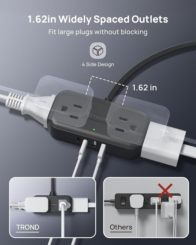 TROND Flat Plug Power Strip 5FT, Small Flat Extension Cord with Multiple Outlets, 4 AC and 4 USB Ports (2 USB C), Wall Mount 900J Surge Protector for Home Office Travel Dorm Room Essentials, Black