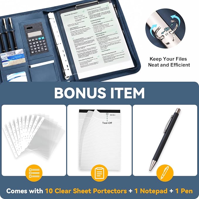 Leathario Portfolio Binder, Includes 5 Sheet Protectors and a Pen, 13 Inch Tablets Organizer, Vegan Leather A4 Padfolio, Multi-Pocket Notepad Business Planner Professional Document