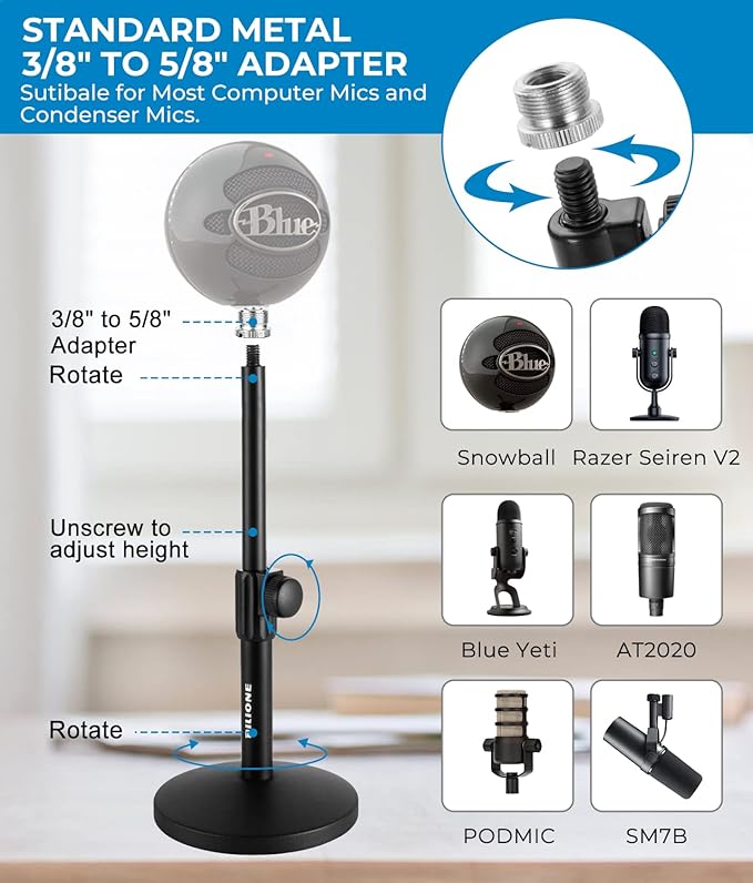 BILIONE Multifunctional Desktop Microphone Stand, Adjustable Mic Stand Desk with Pop Filter, Shock Mount, Microphone Clip, 5/8" to 3/8" Metal Screw Adapter