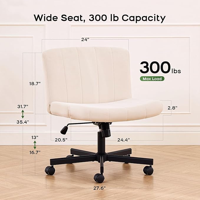 LukkDys Criss Cross Chair with Wheels, Wide Cross Legged Desk Chair, Comfy Fabric Vanity Chair for Home Office Bedroom, Adjustable Armless Swivel Task Chair with 90–115° Tilt, Beige